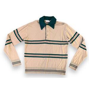 Vintage 70s Mister Man Striped Collar Sweater Top Polo Green Beige Wes Anderson